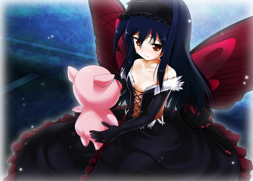 accel_world antenna_hair arita_haruyuki bare_shoulders black_hair brown_eyes butterfly butterfly_wings elbow_gloves gloves headband kuroyukihime long_hair mocchi pig tears wings